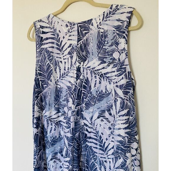 Woman Within Blue Tropical Leaf Print Sleeveless Linen Blend High Low Dress 18W - Picture 4 of 9